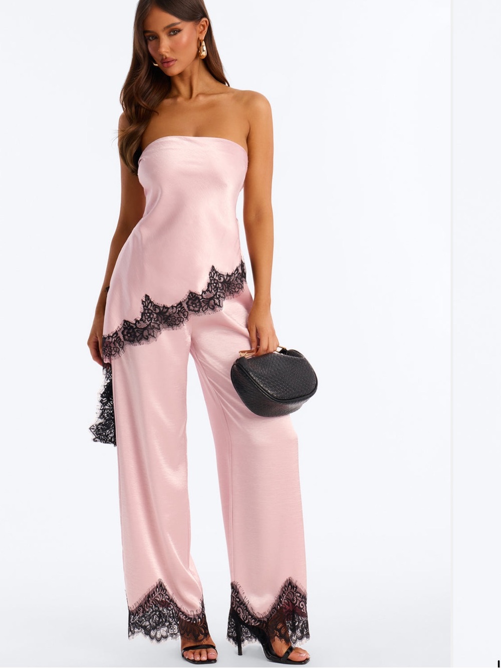 Small Strapless Pink Satin Jumpsuit with Black Lace Trim